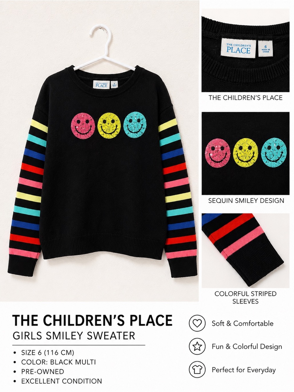 The Children's Place Black Sweater with Neon Smiley Faces and Striped Sleeves